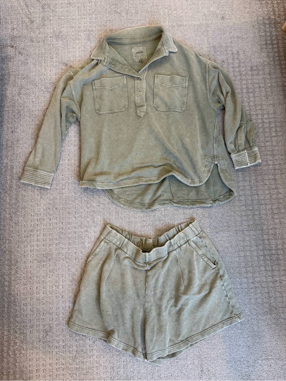 aerie sage green high-waist lounge shorts with matching top